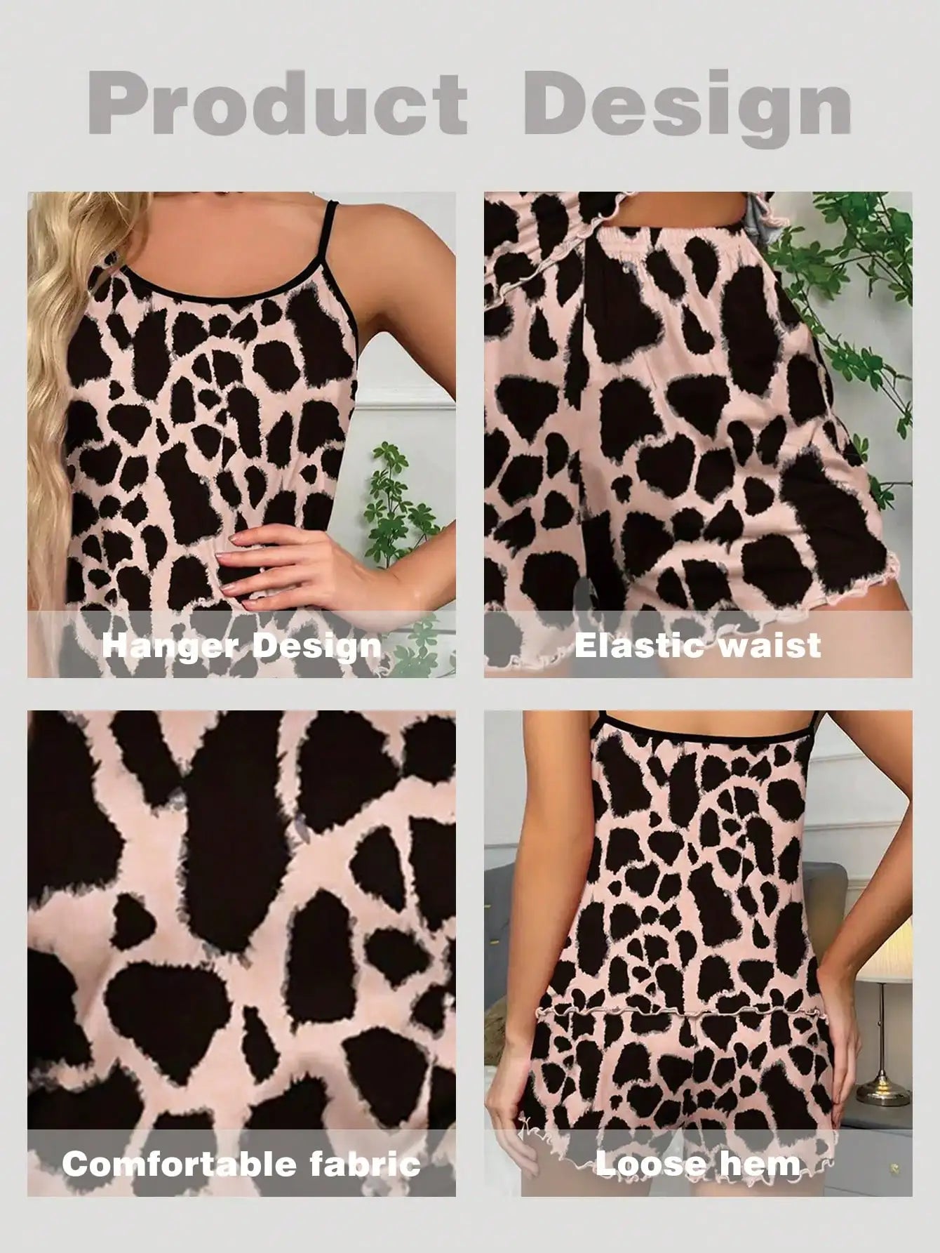 Women's  2 Pieces Set Pajamas Sleepwear Camisole Shorts Sexy Leopard Allover Print Scoop Neck Cami Top Backless Ice Silk Comfort