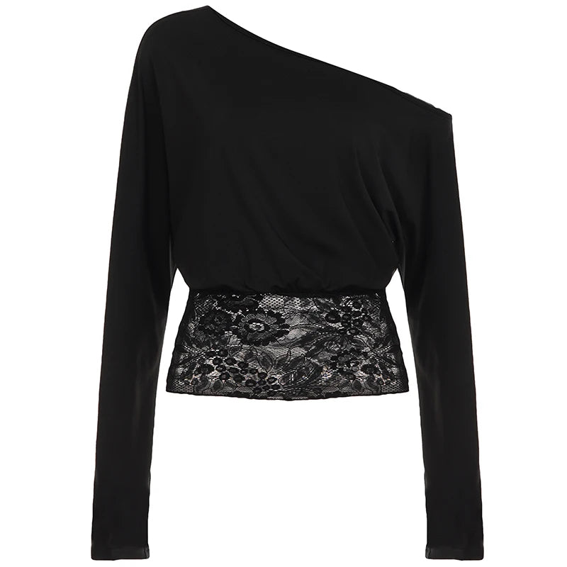Elegant Patchwork Lace T-Shirt See Through Slim-Fitting Crew Neck Off-Shoulder Tees Women 2026 Fashion New （Two Design Styles）