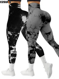 CZGUKE 2-piece women's tie dye pants sports leggings seamless high waisted push ups women's fitness and exercise clothes