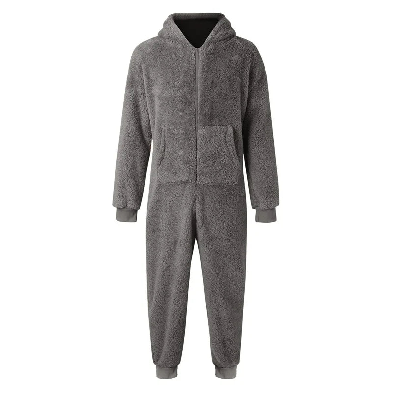 Men's Hooded Pajamas Autumn and Winter Thickened Jumpsuit Hooded Clothing Fleece Zipper Front Full Length Jumpsuit Sleepwear