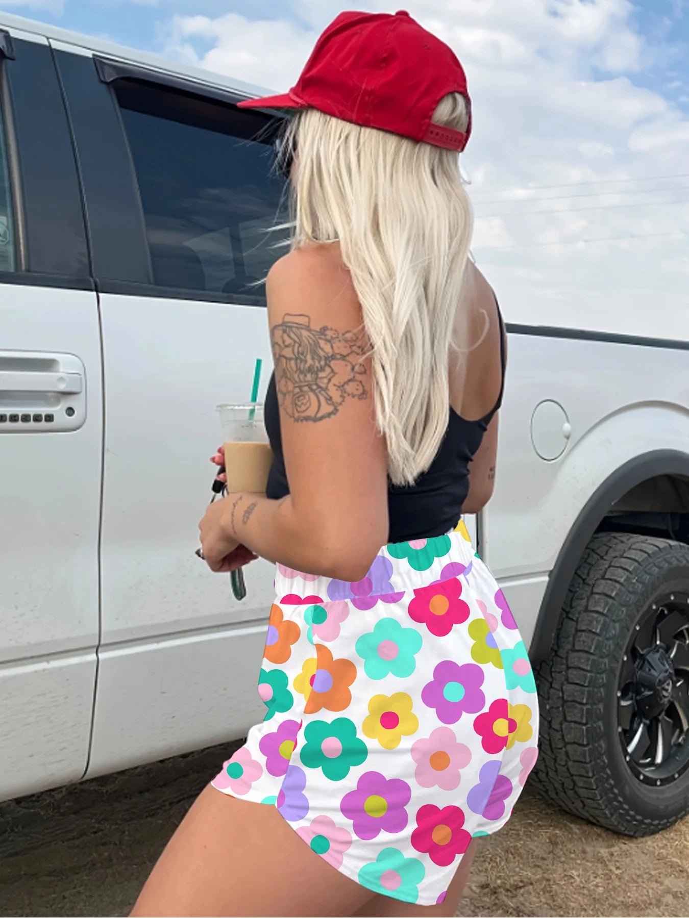 Women's Cute Floral Print Shorts Summer Elastic Waist Loose Casual Beach Shorts  Aesthetic Colorful Flower Print Lounge Short