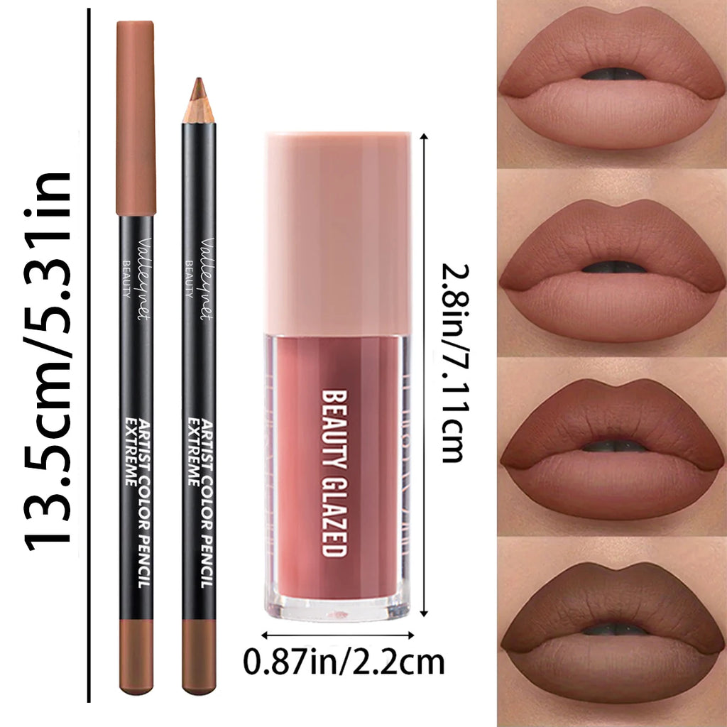 2pcs/Set Velvet Texture Lip Combo,Matte Effect,Long-lasting Waterproof,Brown Colors,Create a Moisturizing and Natural Lip Makeup