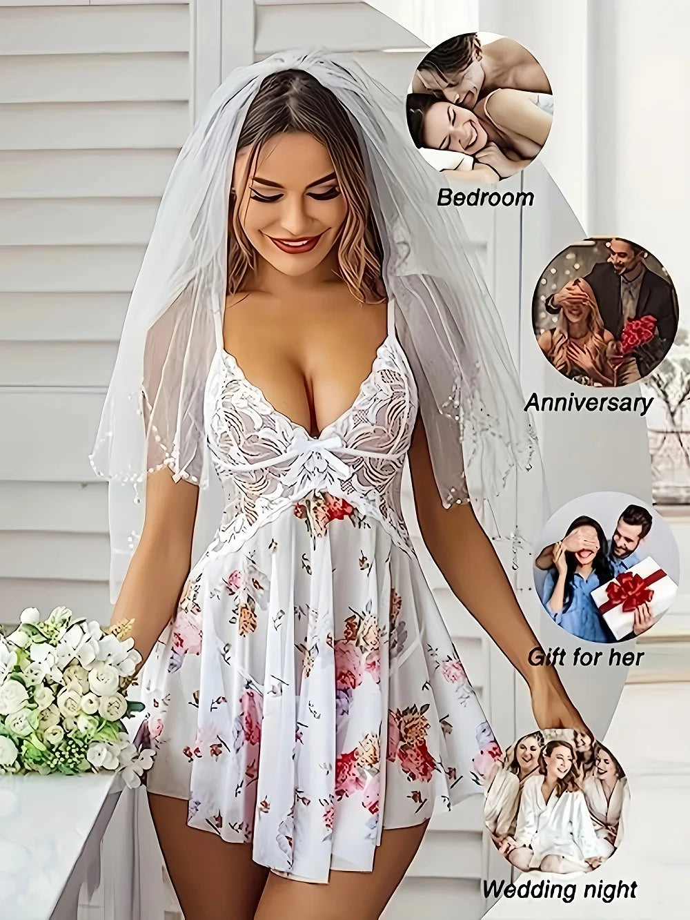 Women's Sleepdress Lace Floral Print Nightdress Comfortable Spaghetti Strap Sleepwear Dress Luxurious Slip Nightdress Set