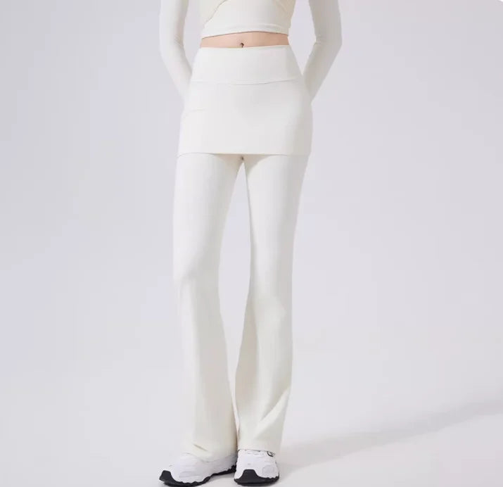 Fake two high waisted slightly flared pants with hip covering skirt for women's running, dance training, Pilates sports pants