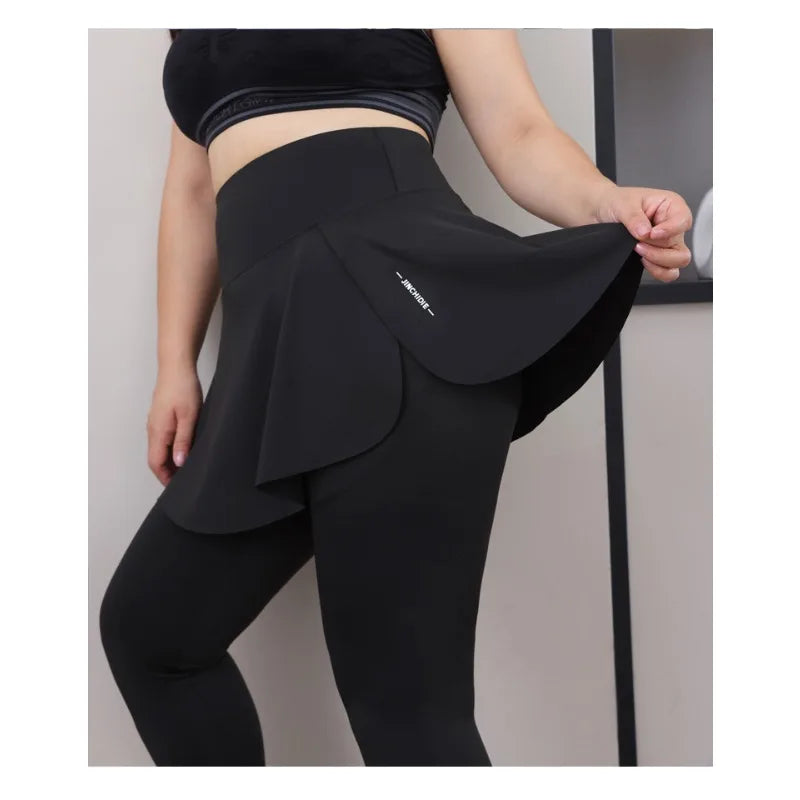 Plus Size Fit 200lbs Yoga Fake Two Items Leggings with Pockets Sharkskin High-Waisted Skirt Pants Gym  Trainning Slim Tights