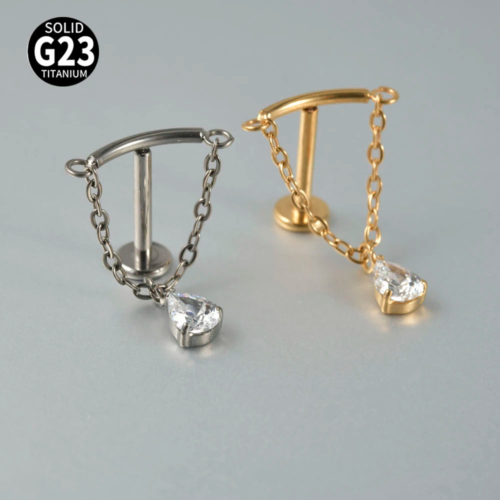 Dreamlee G23 Solid Titanium Chain Dangling Rook Helix Stud Inner Screw Flat Back Tragus Cartilage Earring Lobe Labret Piercing