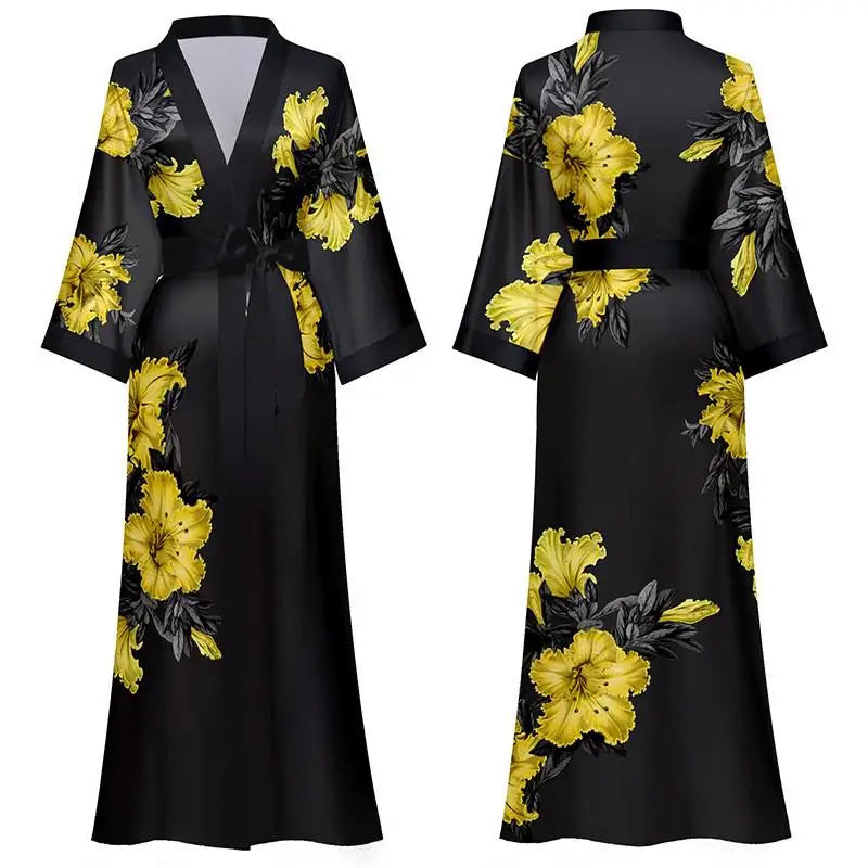 New Spring Summer Women Long Robe Kimono Bathrobe Gown Sexy Black Print Sleepwear Nightgown Casual Half Sleeve Satin Home Dress