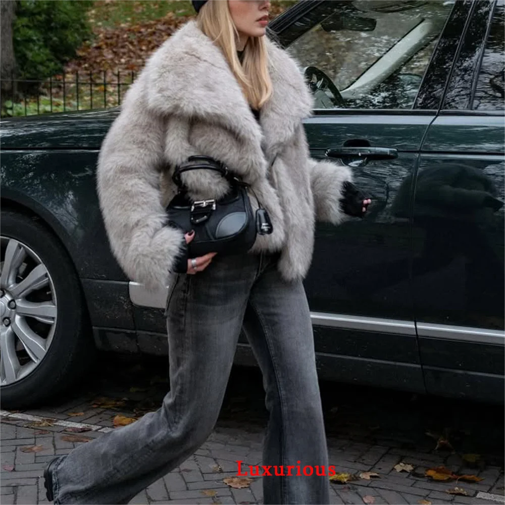 KONDALA Casual Brown Thick Fur Jackets Women Long Sleeve V Neck Autumn Winter Faux Fur Coats Fashion 2025 Streetwear Outwears