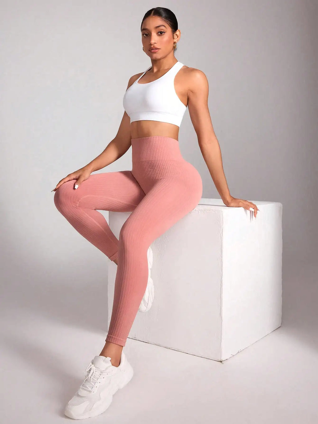 Pink Ribbed Yoga Leggings Women High Waist Seamless Tummy Control Butt Lifting Fitness Workout Tights Gym Sportswear