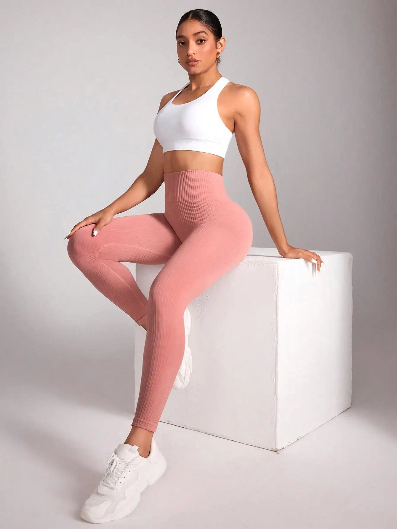 Pink Ribbed Yoga Leggings Women High Waist Seamless Tummy Control Butt Lifting Fitness Workout Tights Gym Sportswear