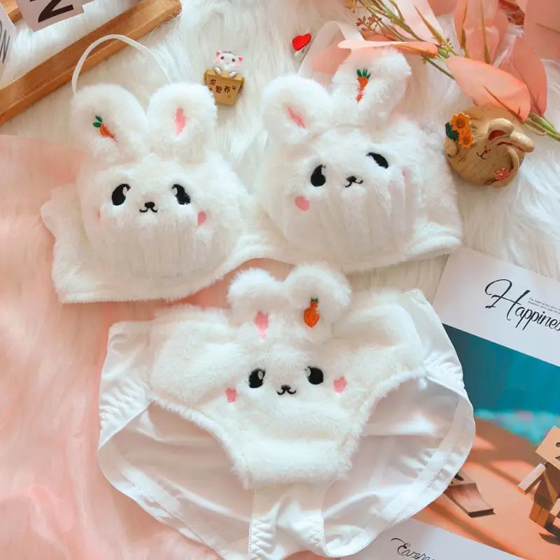 Japanese Cute Plush Lingerie Set – Soft Warm Push-Up Bra & Panties, No Steel Ring Women’s Underwear Suit