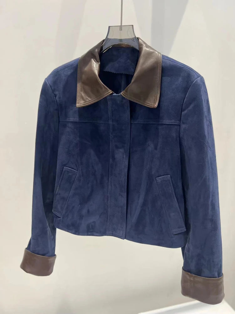European Imported Suede Jacket Women 2026 Autumn Winter Branded New Contrasting Leather Coat Navy Blue Short Locomotive Casacos