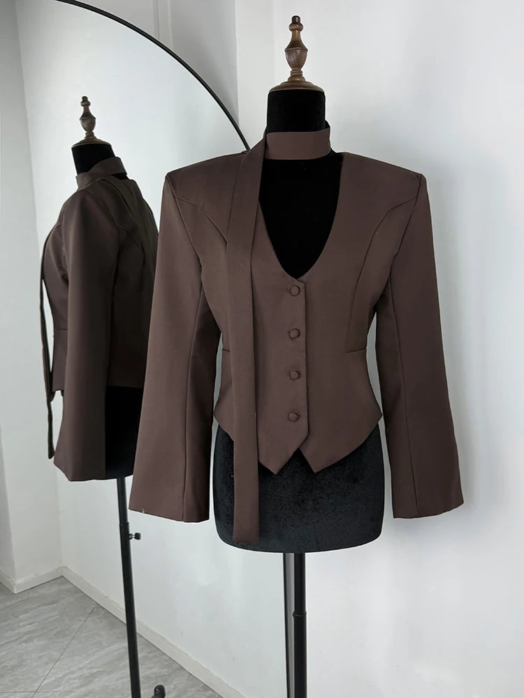 Tuularose Single Breasted Coat Women's V Neck Scarf With Long Sleeve Waist-Cinching Blazer Jacket Lady Casual Slim Commute Coat