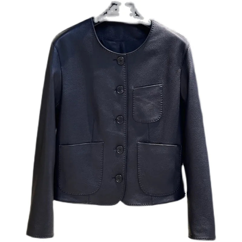 Women's Autumn Clothing European High Quality Sheepskin Casual O-Neck Single-Breasted Coffee Litchi Stria Genuine Leather Jacket