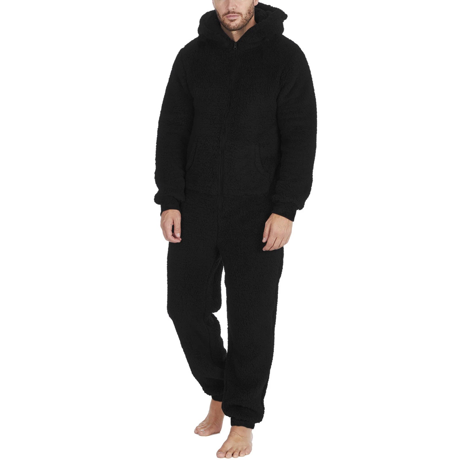 Men's Hooded Pajamas Autumn and Winter Thickened Jumpsuit Hooded Clothing Fleece Zipper Front Full Length Jumpsuit Sleepwear