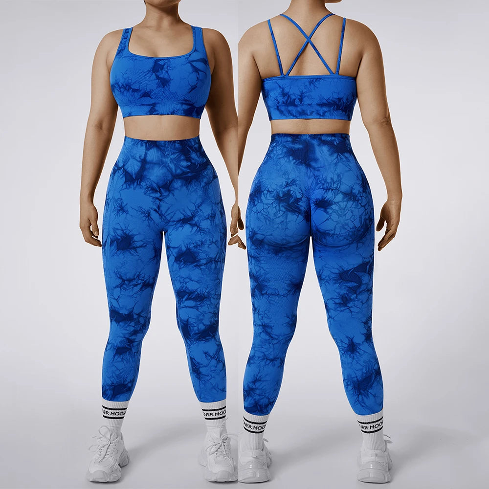 2PCS Tie Dye Sports Set Women's Shockproof  Fitness Tank Top Bra Running Yoga Leggings Yoga Suits Gym Clothing Yoga Set Women