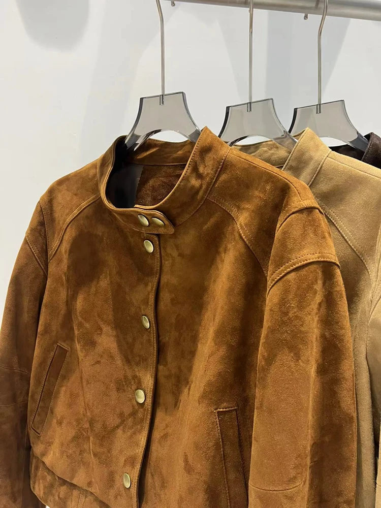 2026 Imported Goat Suede Jacket For Women Retro Standing Collar Versatile Slimming Elastic Waist  Leather Coat Chaquetas Bomber