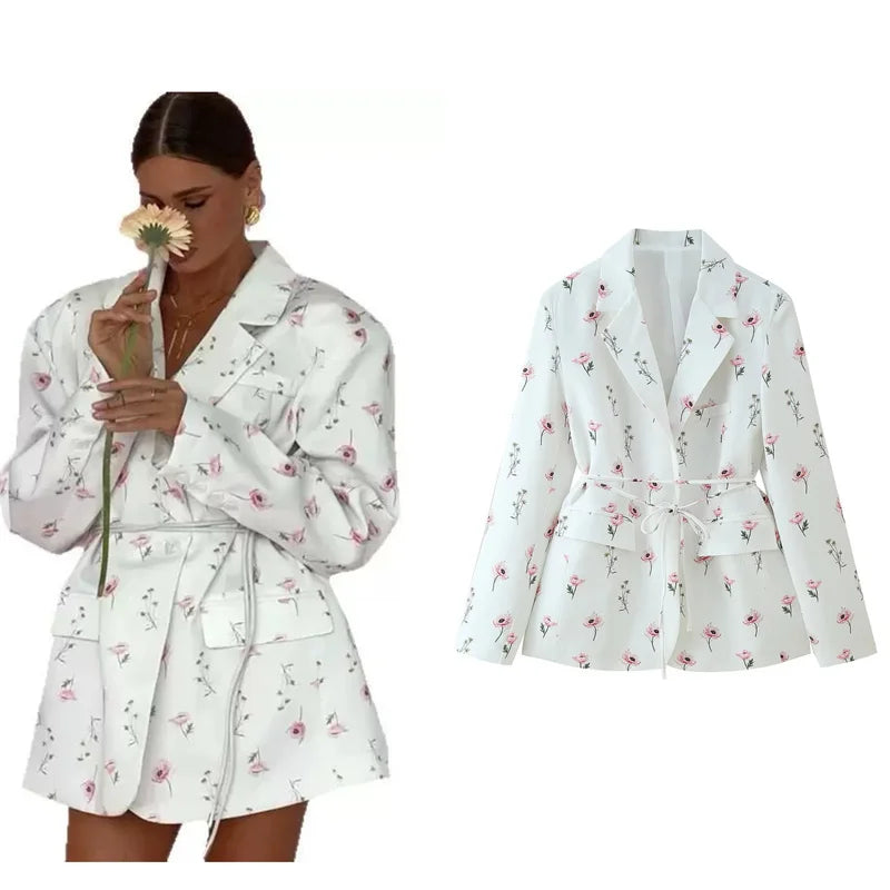 2025 summer European and American fashion print loose suit collar tie waist suit jacket two-color