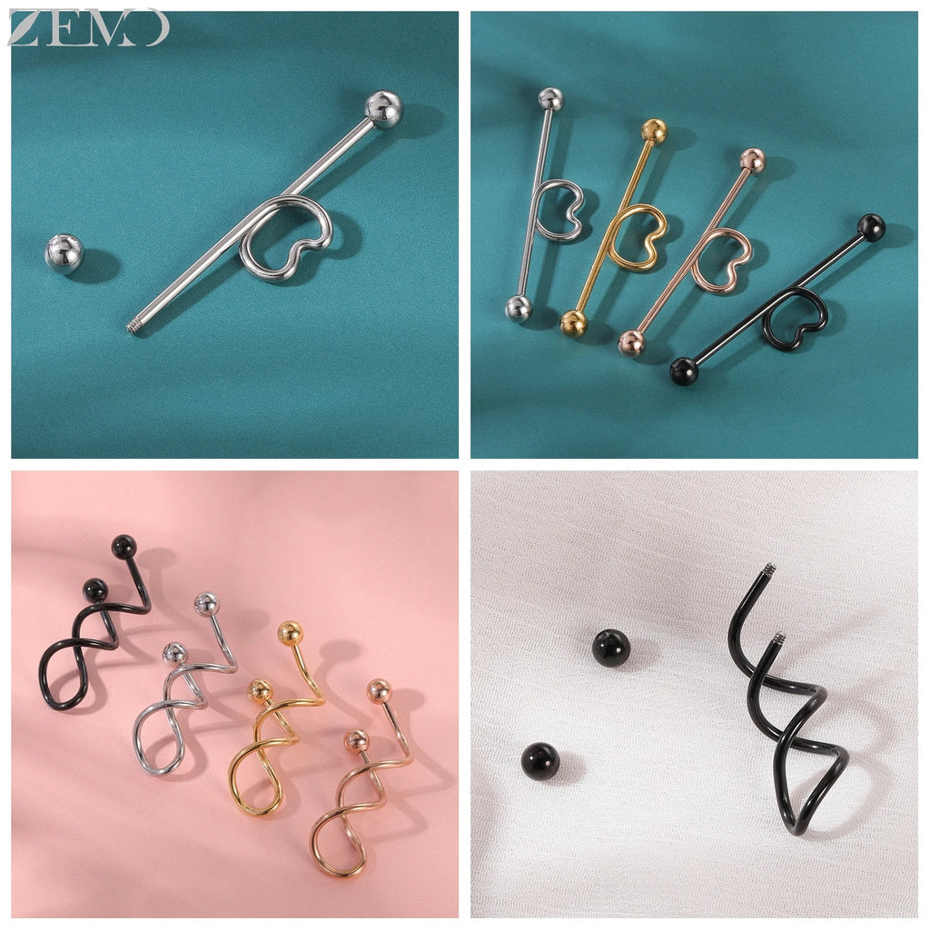 ZEMO 1 Piece 14G Stainless Steel Long Industrial Piercing Women Men 38MM Stud Earrings Barbell Taper Arrow Conch Helix Piercings