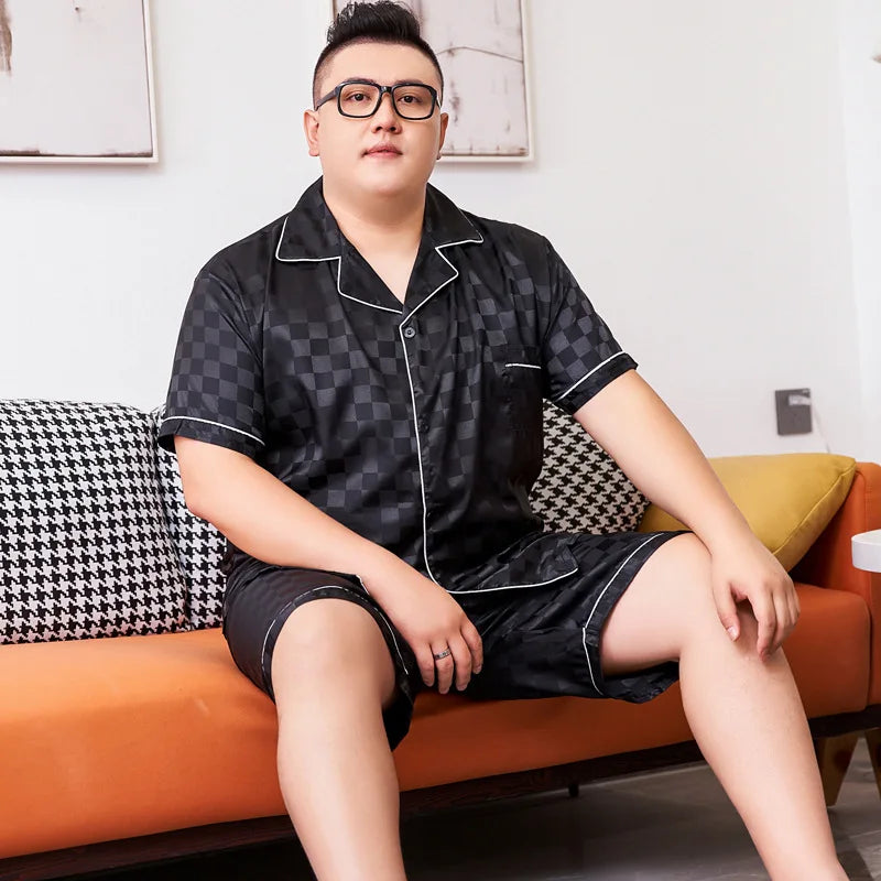 5XL Plus Size Pajamas for Men 150KG Summer Satin Sliky Sleepwear Short Sleeve Shorts 2PCS Set Loose Luxury Plaid Home Clothes