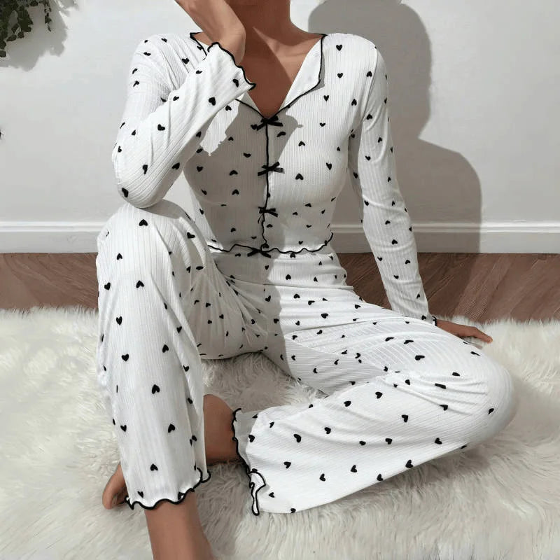2 Piece Sets Women Pajamas Suit Top Pants Ensemble Sleepwear Heart Print Bow Loungewear Female Autumn Outfits Nightwear 2025