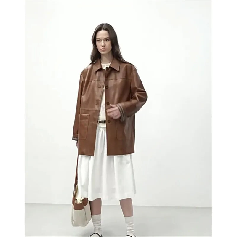 Women's Plant Tanned Leather Coat Trench Lapel Sheepskin Mid-Length Autumn Winter Outerwear