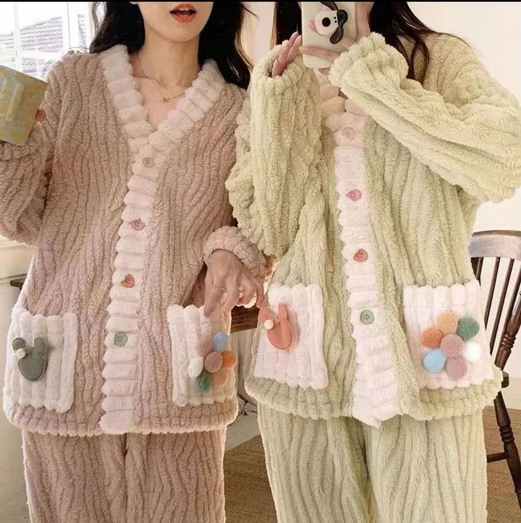 Épaissi chaud flanelle femmes vêtements de nuit vêtements de détente Cardigan costume hiver doux Kawaii doux  dames pyjamas Home