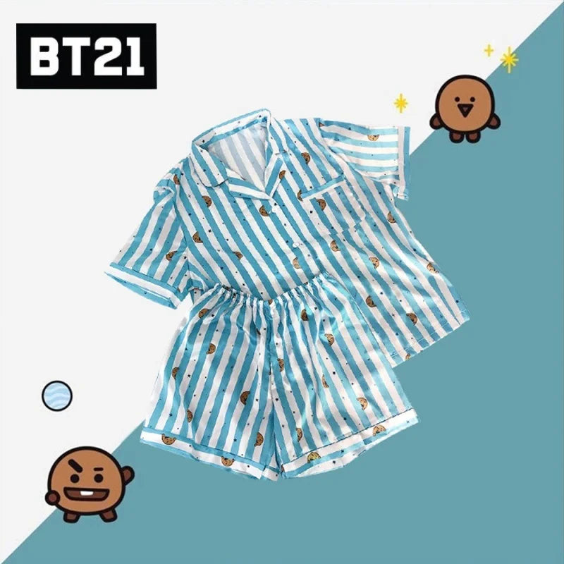Kawaii Bt21 Tata Cooky Rj Pocket Short Sleeve and Shorts Pajama Set, Casual Satin Sleepwear with Lapel Collar and Button Detail