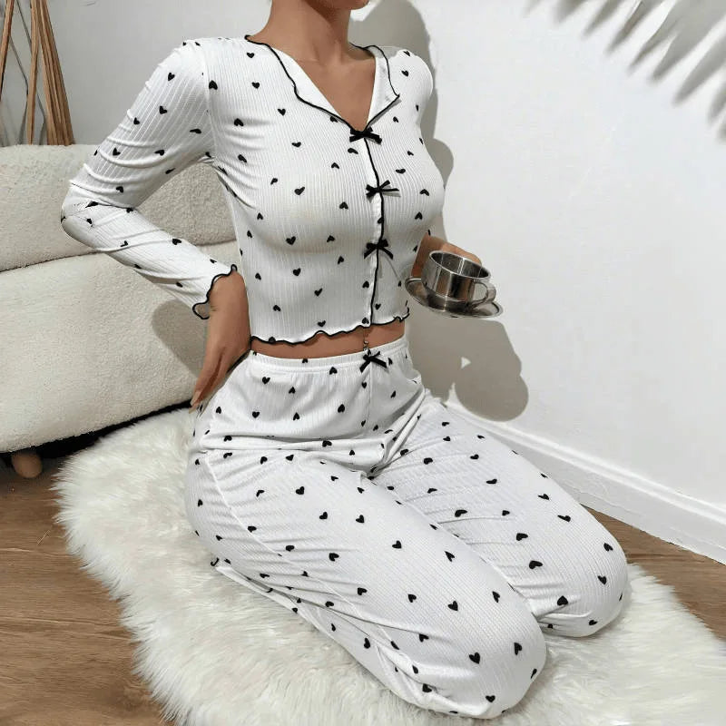 2 Piece Sets Women Pajamas Suit Top Pants Ensemble Sleepwear Heart Print Bow Loungewear Female Autumn Outfits Nightwear 2025