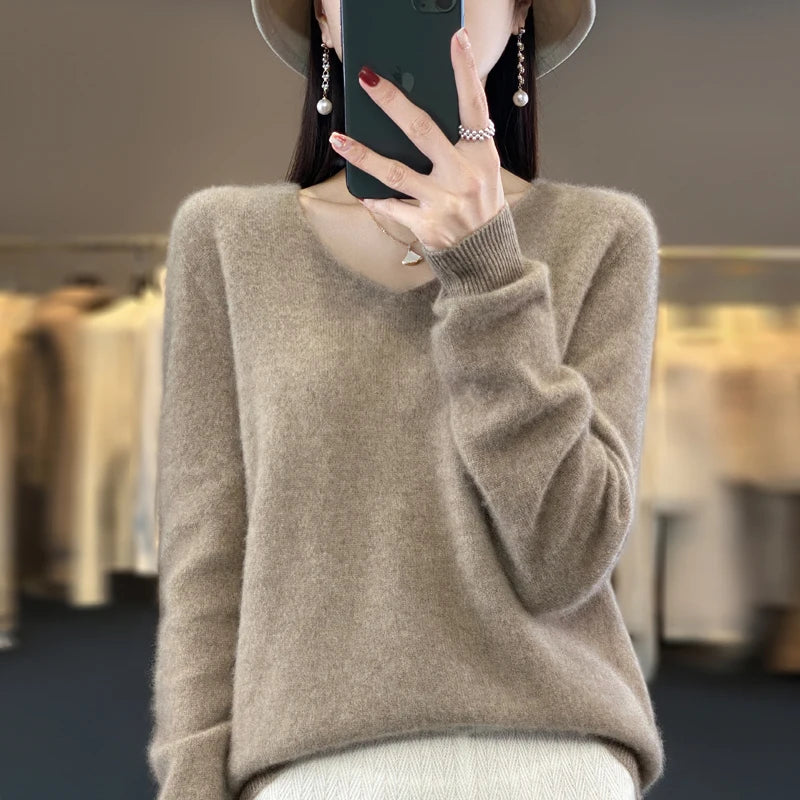 New Autumn And Winter Fashion First-Line Sweater 100% Pure Wool Women's V-Neck Pullover Knitted Base DMR201