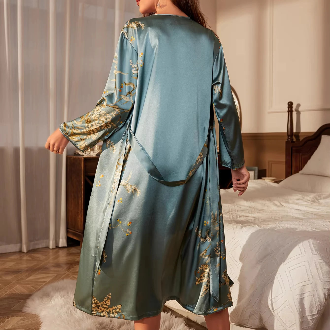 New Women's Sleepwear Printed Robe Sexy Satin Elegant Home Dress Tied Morning Gown Bathrobe Breathable Sleepwear for All Seasons