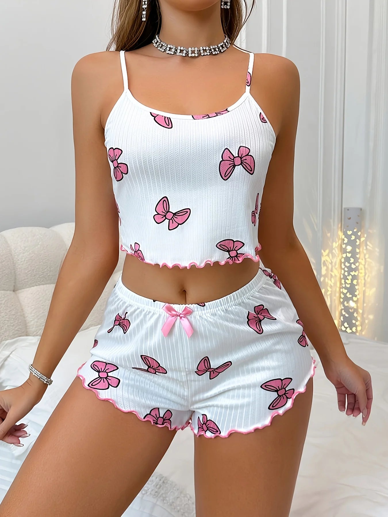 Women Summer Casual Two-Piece Pajama Set Bowknot Print Round Neck Camisole and Shorts Set Home Clothes Loungewear