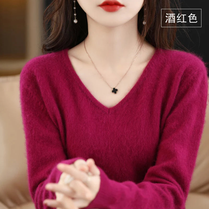 Autumn and Winter New Women's Sweater 100% Mink Cashmere Women's V-neck Pullover Casual Knitting Basic Fashion Large Top