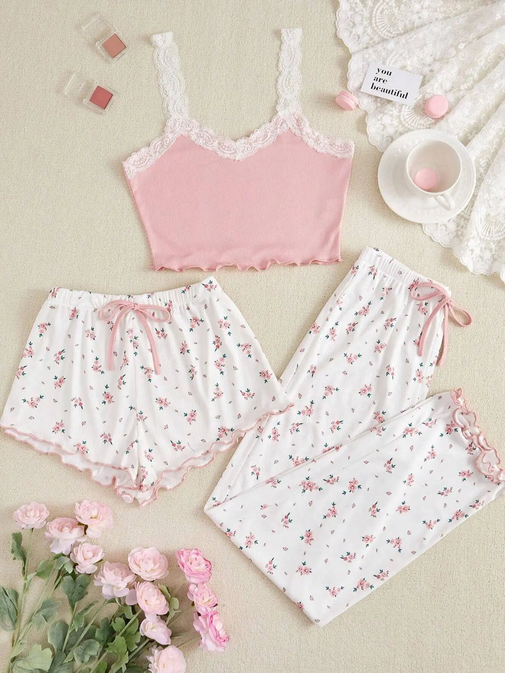Pajama Sets Women Three Pieces Set Tank Tops Print Shorts Long Pant Suits Casual Sleep Lounge Sweet Lady Sleepwear Summer