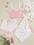 Pajama Sets Women Three Pieces Set Tank Tops Print Shorts Long Pant Suits Casual Sleep Lounge Sweet Lady Sleepwear Summer