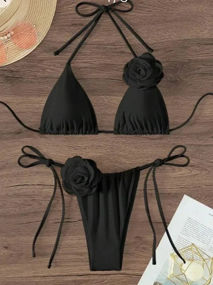 Sexy Flower Bandeau Swimwear Thong Bikini Women Lace-up Swimsuits Swimming Bathing Suit Brazilian Bikinis Set Mujer Biquini