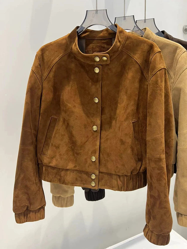 2026 Imported Goat Suede Jacket For Women Retro Standing Collar Versatile Slimming Elastic Waist  Leather Coat Chaquetas Bomber