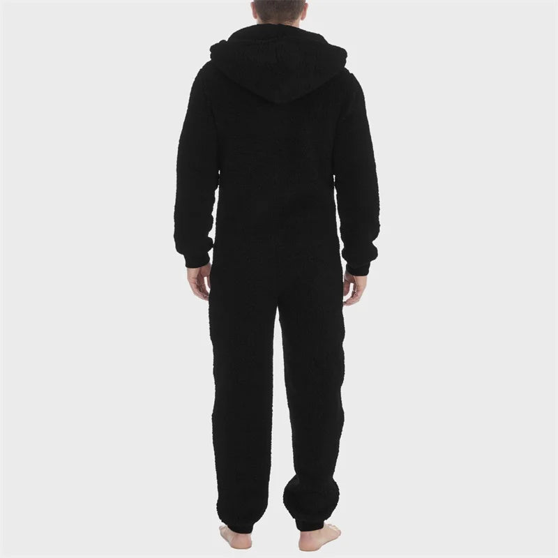 Men's Hooded Pajamas Autumn and Winter Thickened Jumpsuit Hooded Clothing Fleece Zipper Front Full Length Jumpsuit Sleepwear