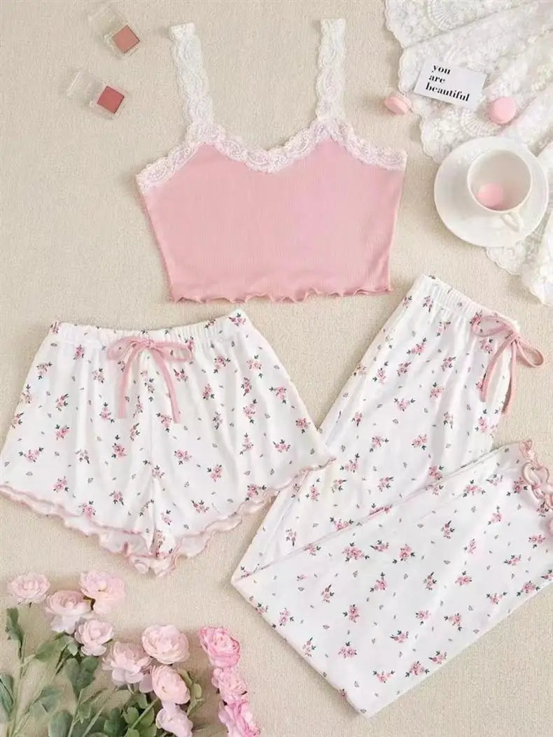 Women 2psc Pajamas Set Pink Lace Patchwork V-Neck Sleepwear Sexy Lace Camisole Vest Printed Shorts Soft Pyjamas Loungewear