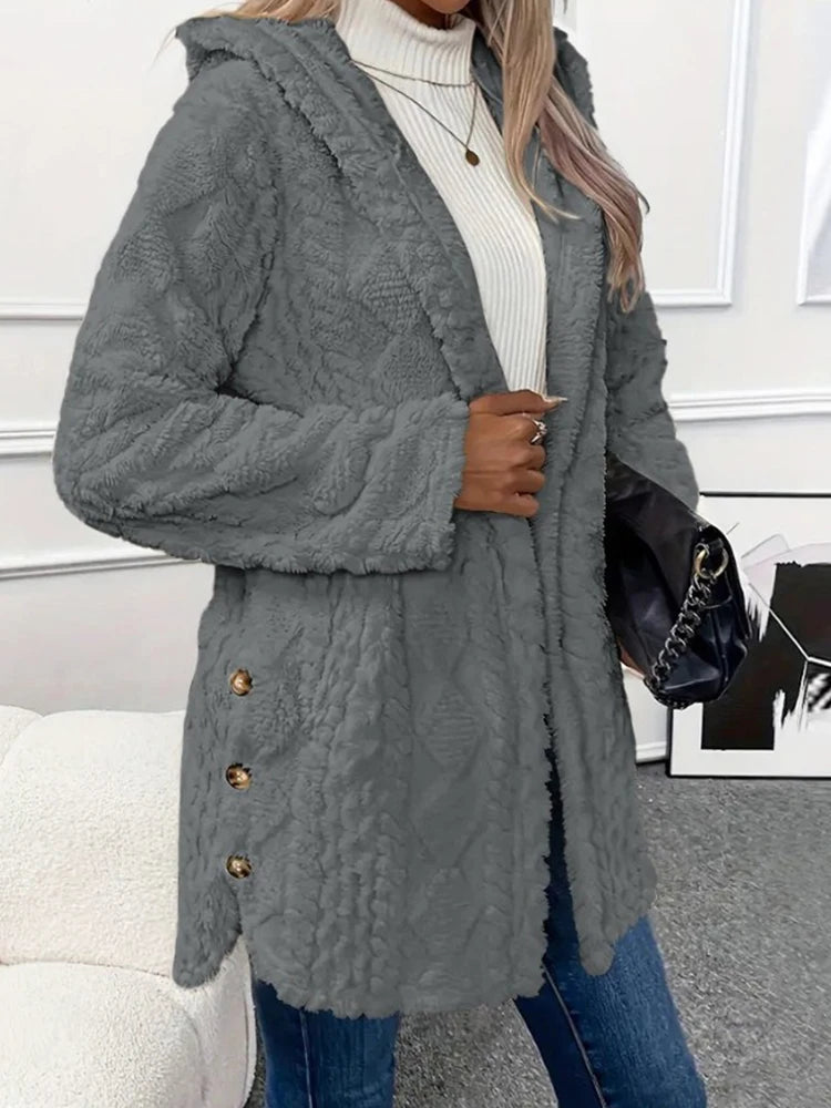 Thickened Plush Button Hooded Women's Cardigan Solid Color Long Sleeved Warm Sweaters Fashion Single-breasted Woman Clothing