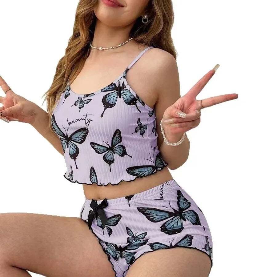 1 Set Sleepwear Women Pajamas Set Heart Print Soft Ribbed Fabric with Flirty Frill Trim Casual Cami Top and Short Set Loungewear