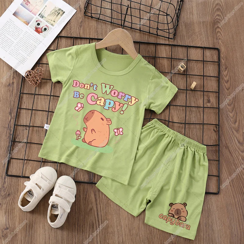 Capybara Cute Pajamas Suit Short Sleeve Sleepwear Cartoon Animal Print Soft Homewear Set Kawaii Silky Home Nightgown Summer Gift