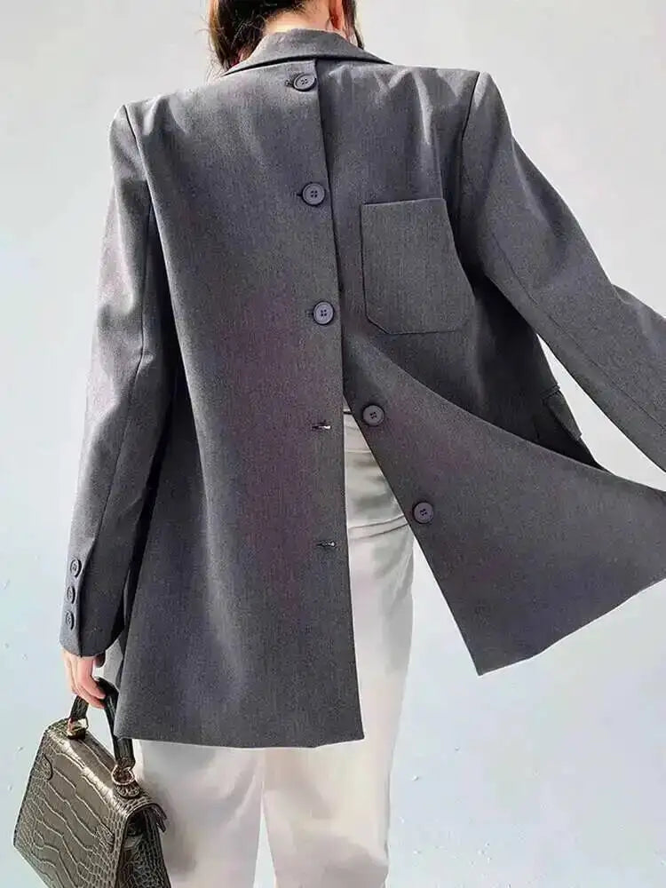 [LANMREM] Tide Designer Back Button Blazer For Women Gray Notched Long Sleeve Fashion Female Coat 2025 Spring New Clothing