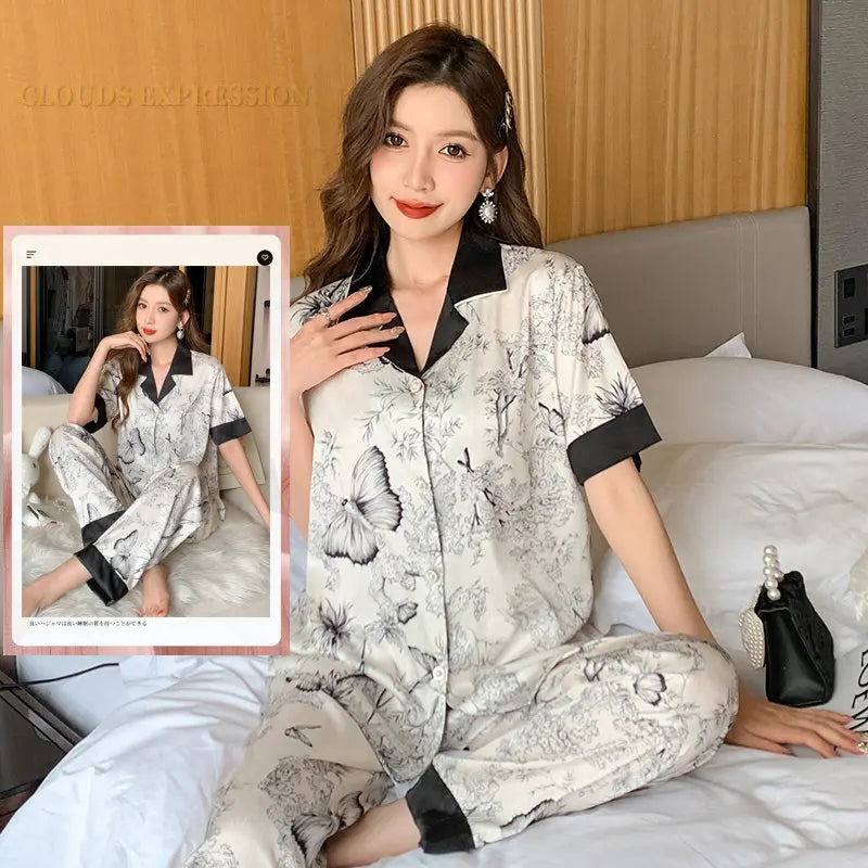 Spring Summer Ladies Faux Silk Polyester Pajama Sets Sexy Homewear Women's Casual Luxury Pajamas Thin Pajamas Female Sleepwear