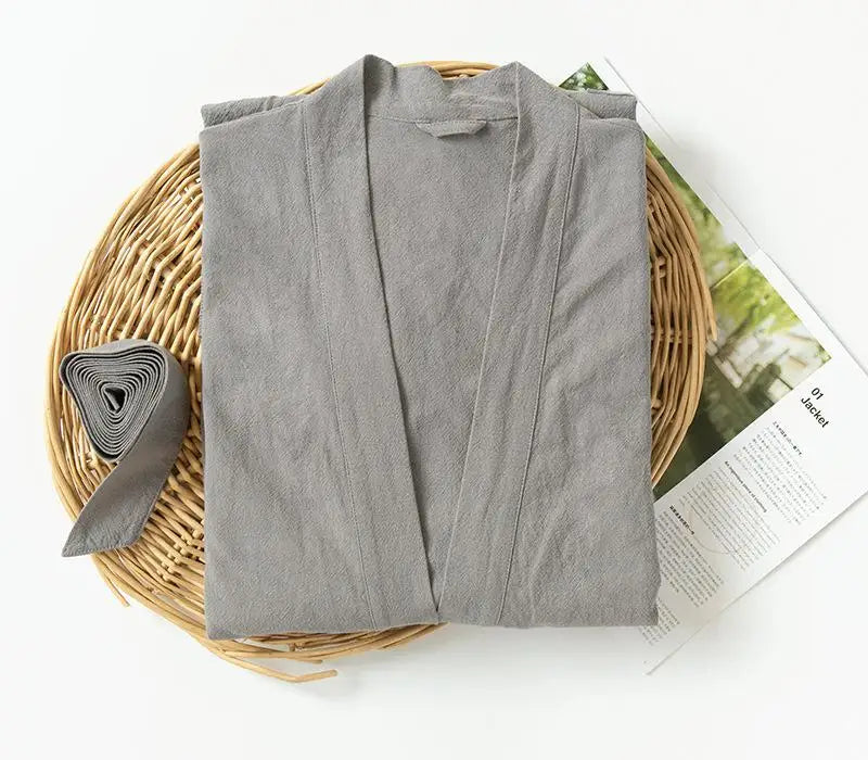70% Cotton 30% Linen Kimono Bathrobe Nightgown 2025 New Loose Men And Women Dressing Gown Sleepwear Nightwear Solid Hotel Robe