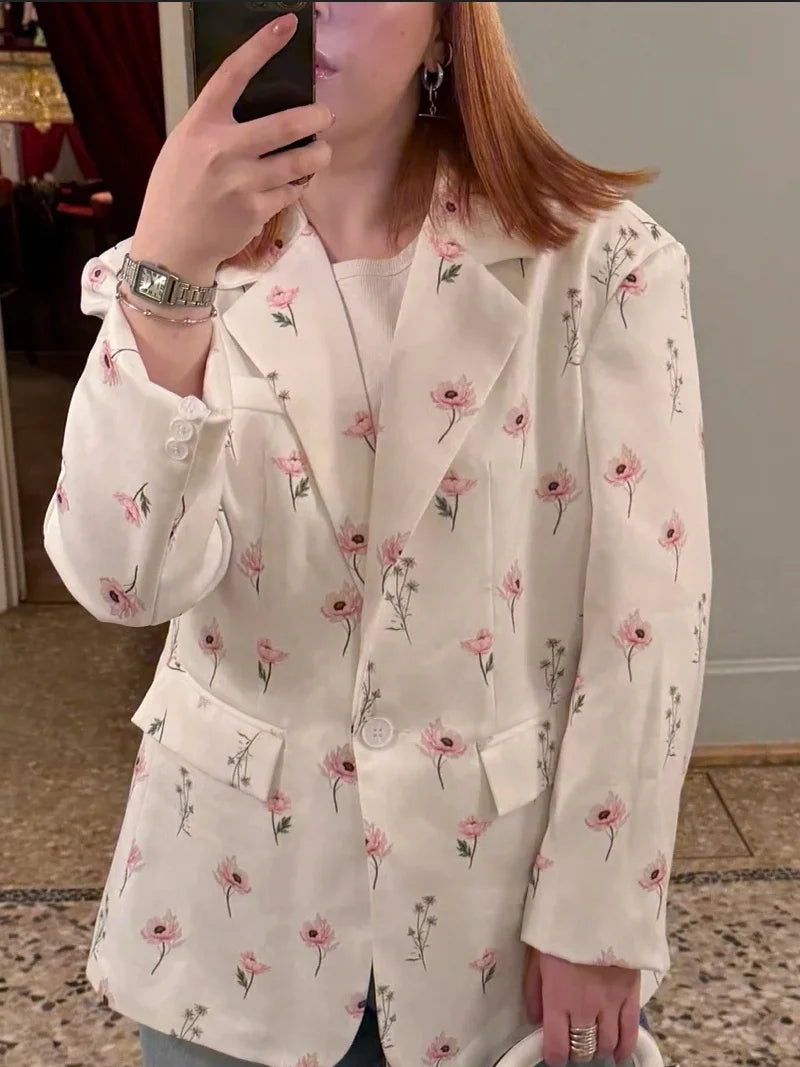 2025 summer European and American fashion print loose suit collar tie waist suit jacket two-color