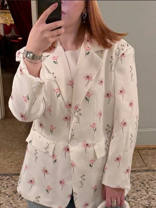 2025 summer European and American fashion print loose suit collar tie waist suit jacket two-color