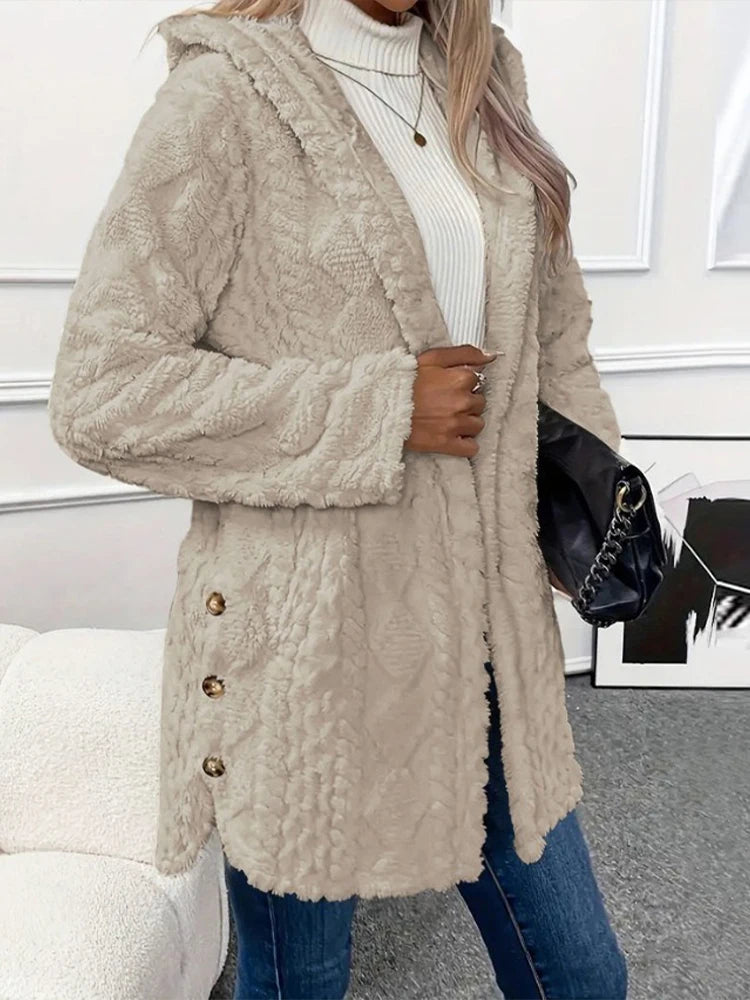 Thickened Plush Button Hooded Women's Cardigan Solid Color Long Sleeved Warm Sweaters Fashion Single-breasted Woman Clothing