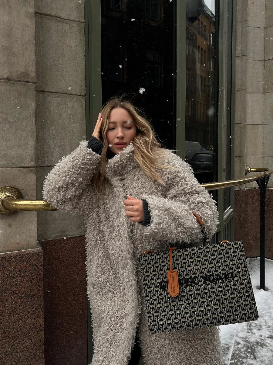 Gray Wool Faux Fur Shearling Long Coat for Women Winter 2025 Winter Fashion Trendy Teddy Maxi Coat Monki Curly Clean Fit Outwear