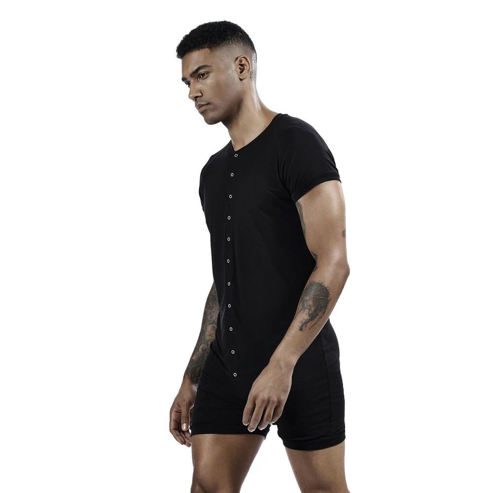 SEOBEAN Men's Button Short Sleeve jumpsuit - Comfortable Solid Color Loose High Elastic Home Clothes Sleepwear